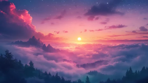 Dreamy Mountain Sunset with Pink Clouds