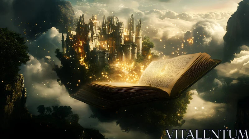 Floating Book and Castle Fantasy Art AI Image