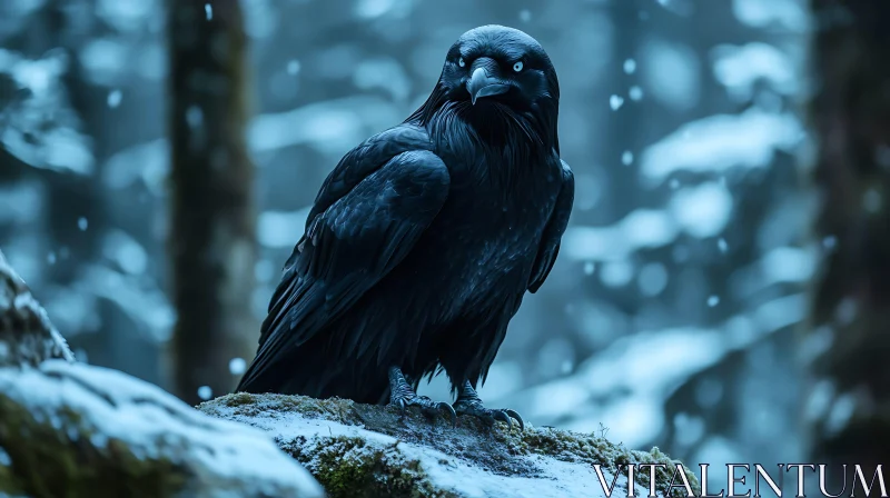 Winter Raven Perched on Snow Branch AI Image