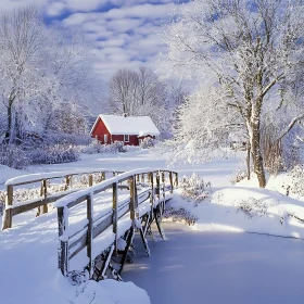 Snowy Scene with Red Cabin and Bridge