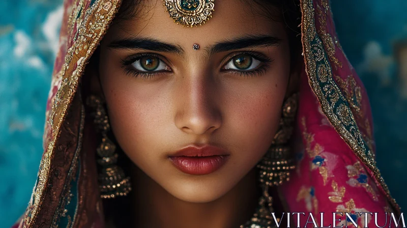 Indian Woman Portrait with Green Eyes AI Image