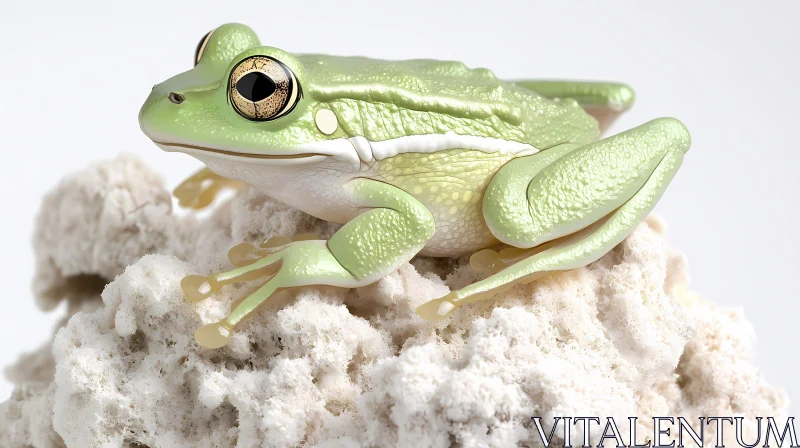 Green Frog Resting on White Lichen AI Image