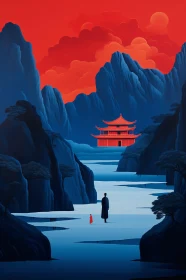 Asian Temple Scenery with Mountains