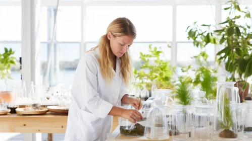 Captivating Image of a Woman Working with Plants in a Lab