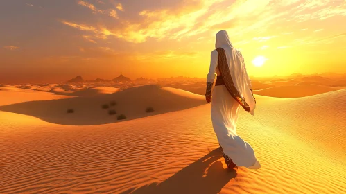 Lone Figure in Desert Landscape at Sunset