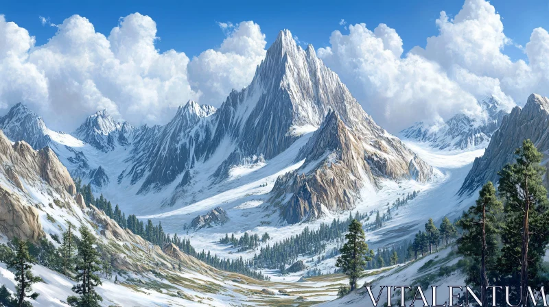 Snowy Mountain Landscape with Clear Blue Sky and Clouds AI Image