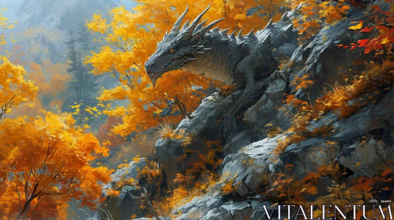 Dragon in Autumn Forest - Digital Painting AI Image