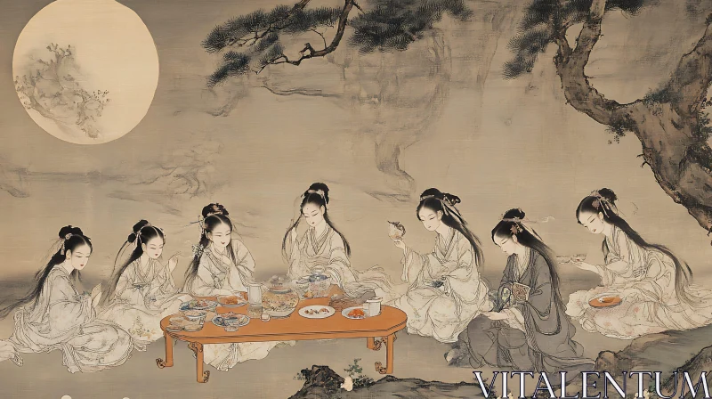 Moonlit Tea Party, Traditional Painting AI Image