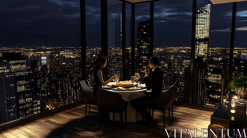 Couple Dining Overlooking Illuminated Cityscape AI Image