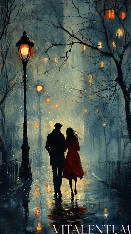 City Romance: A Couple's Night Walk AI Image