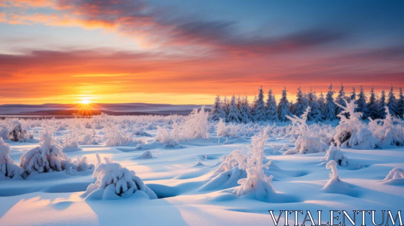 Enthralling Winter Landscape with Snowy Trees at Sunset AI Image