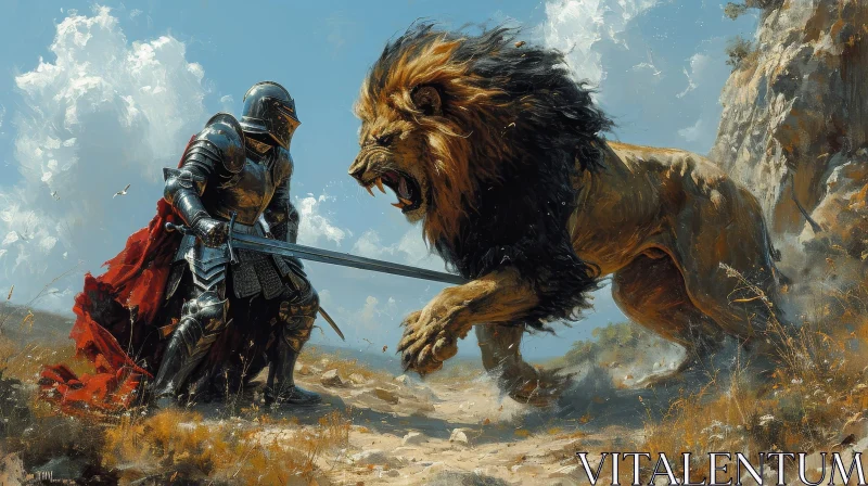 Epic Battle: Knight vs Lion - A Captivating Painting AI Image