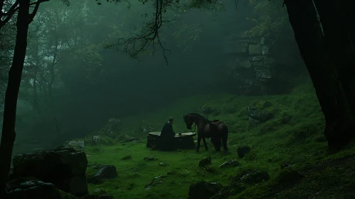 Misty Forest Scene with Horse