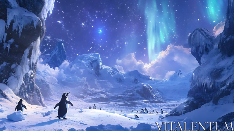 Antarctic Penguins with Aurora Borealis
