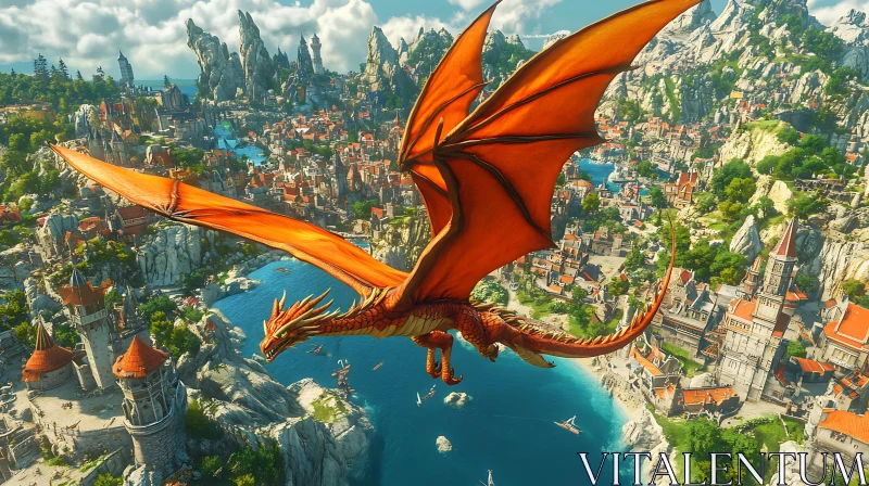 Aerial View of Dragon and City AI Image