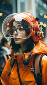 Futuristic Character in Orange Jacket and Helmet