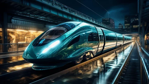 Futuristic Train Journey at Night - Turquoise & Silver Elegance