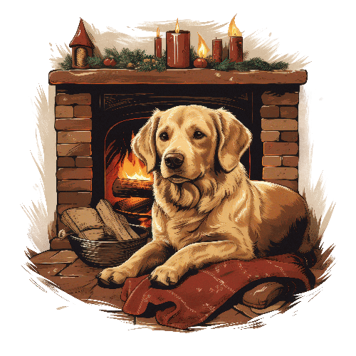 Golden Retriever in Santa Hat by Festive Fireplace POD Design