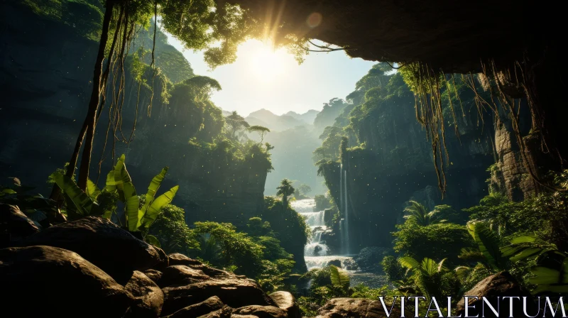 Majestic Jungle Landscape with Sunlit Waterfall AI Image
