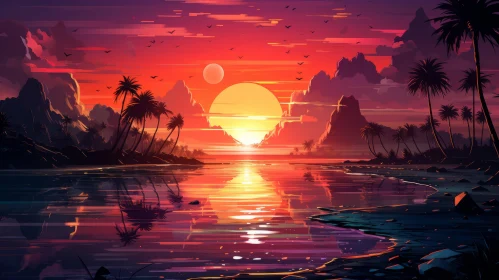 Psychedelic Sunset Over Waterway with Palm Trees Illustration