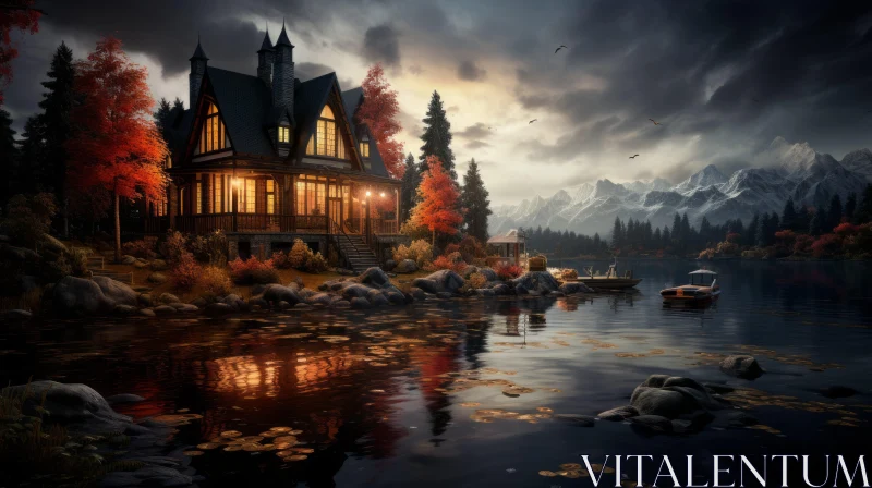 Romantic Lakeside House in the Evening - Fantasy Setting AI Image