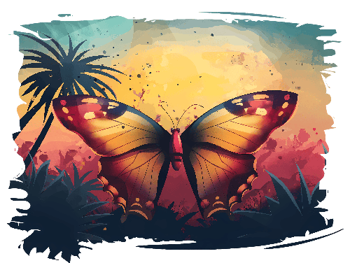 Watercolor Butterfly with Sunset and Flowers POD Design