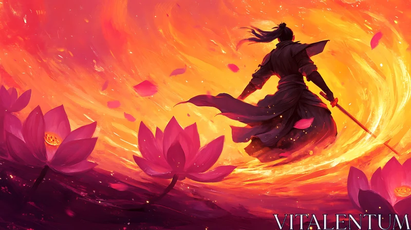 Fiery Lotus Warrior Illustration AI Image