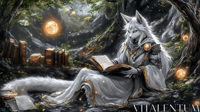 AI ART Fox Character Reading Book in Forest