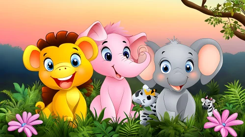 Cheerful Jungle Friends Cartoon Illustration