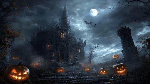 Spooky Castle with Pumpkins