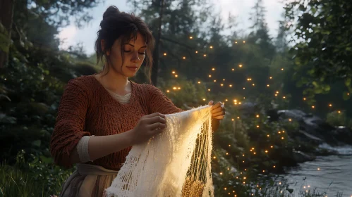 Woman Knitting by Stream with Fairy Lights