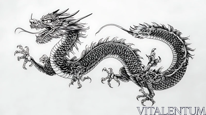 AI ART Serpentine Dragon Art - Monochrome Illustration