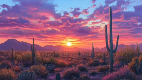 Desert Sunset with Vibrant Sky and Cacti