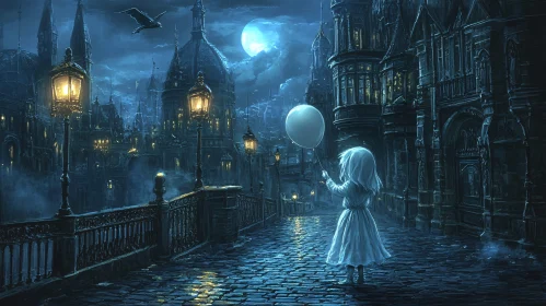 Moonlit Girl with Balloon in Gothic City