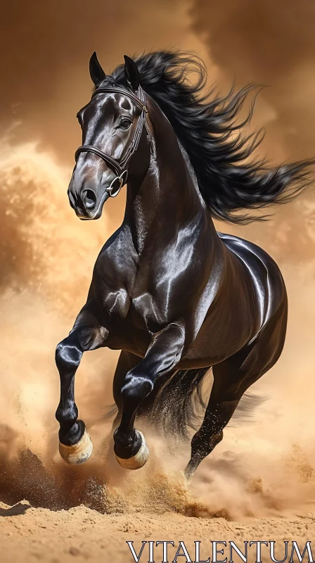 AI ART Powerful Black Horse Racing in Sand