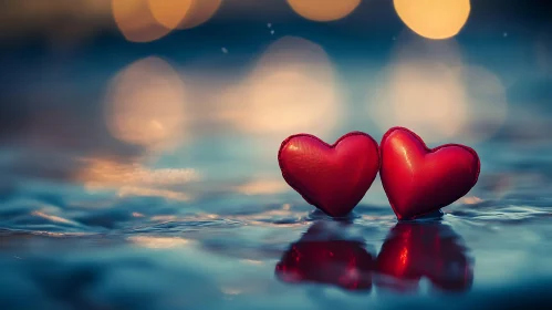 Red Hearts in Water with Bokeh Lights