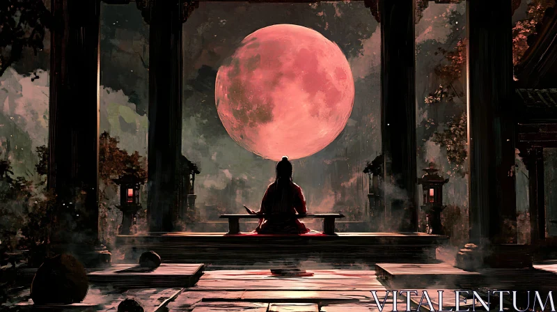 Lunar Contemplation: Figure Beneath the Moon AI Image