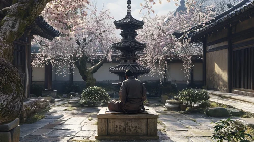 Meditative Monk in a Japanese Garden