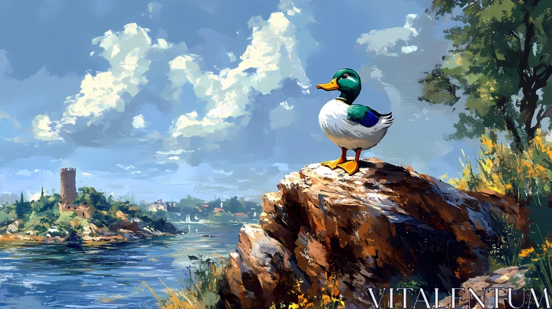 Serene Duck and Scenic Lake Art AI Image