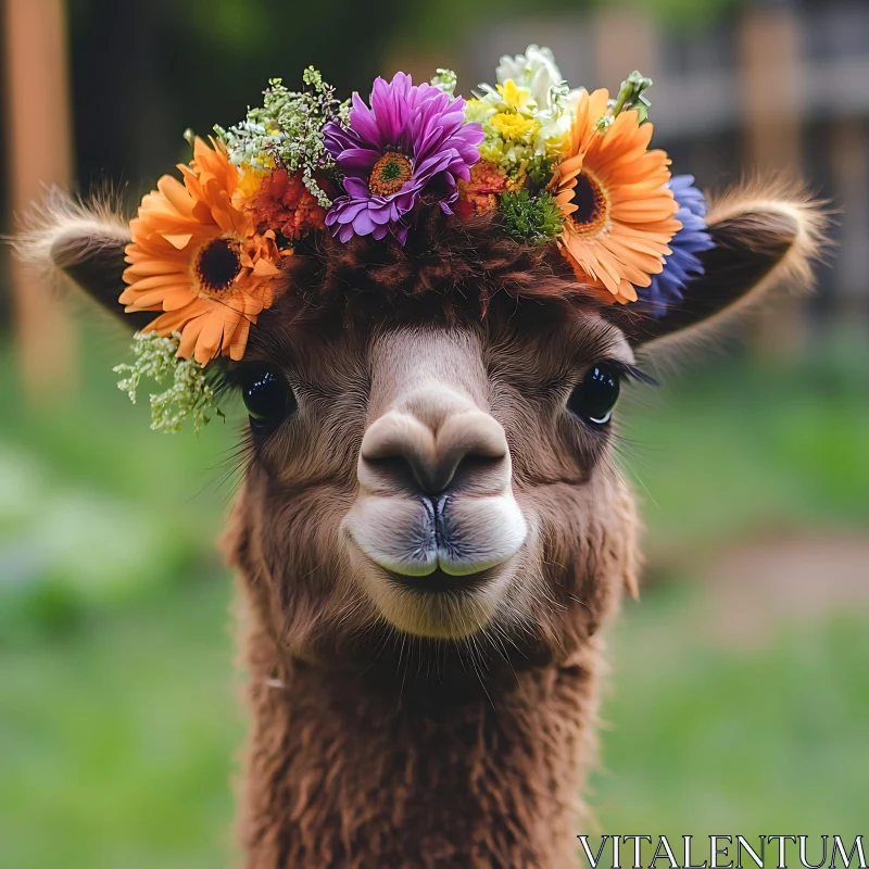 Adorable Llama Adorned with Floral Crown AI Image