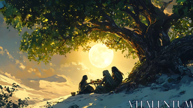 AI ART Friends Sharing Meal Under Moonlit Tree