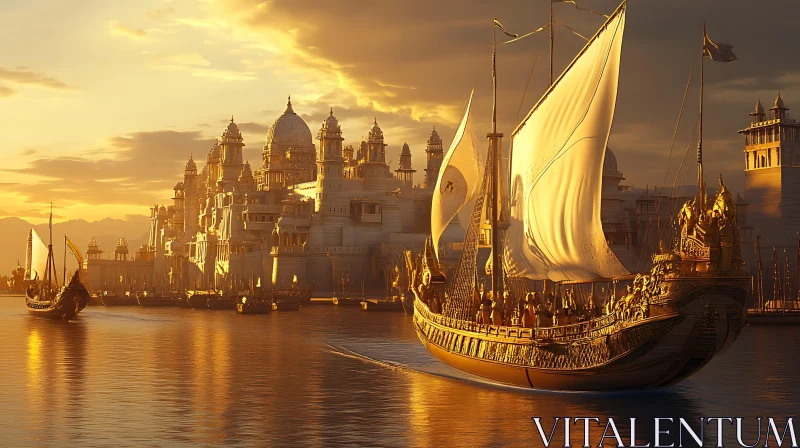 Sunset Sailboat in Golden City AI Image