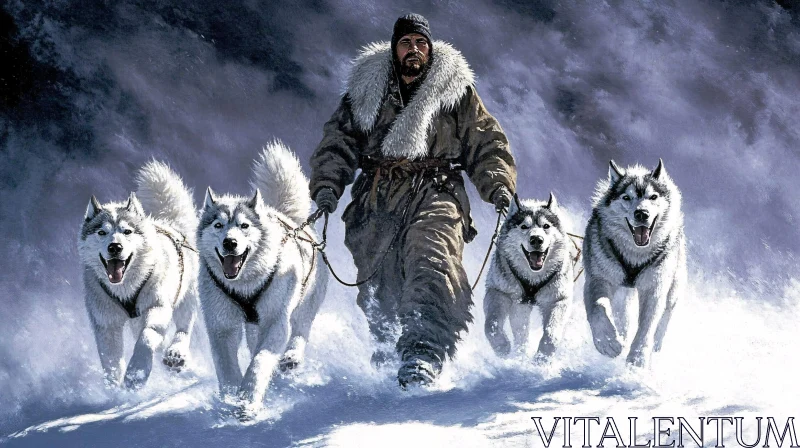 Man and Husky Team in Winter Scene AI Image