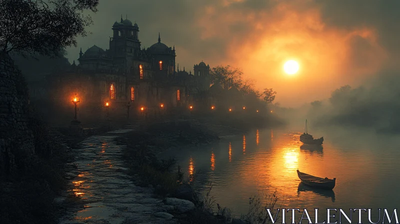 AI ART Misty Sunset Over Lake and Castle