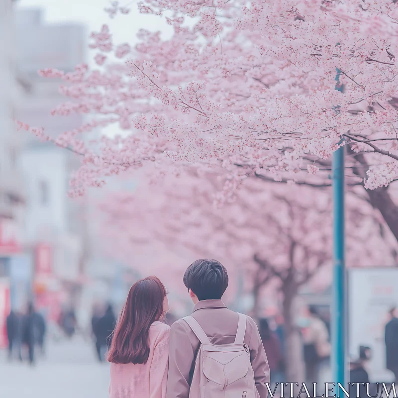 Couple Under Pink Cherry Trees AI Image