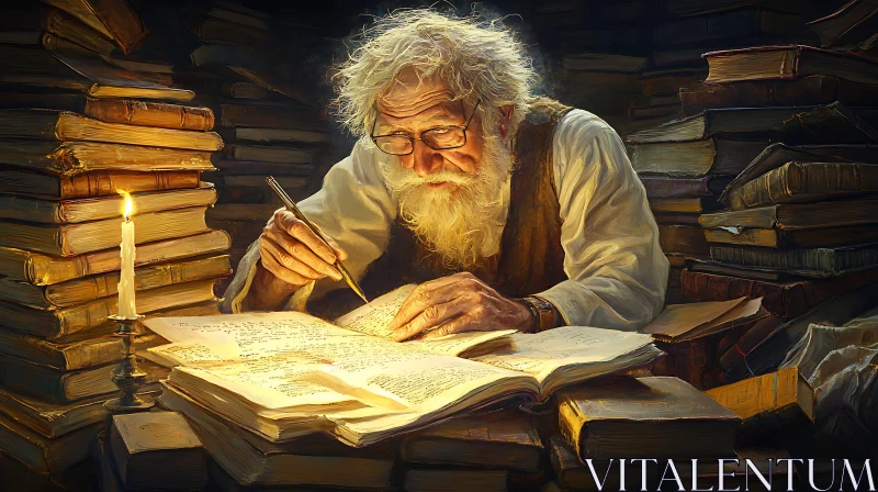 AI ART Old Man Writing in Library