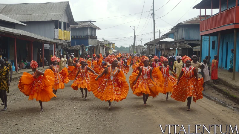 AI ART Women in Orange Dresses Street Parade