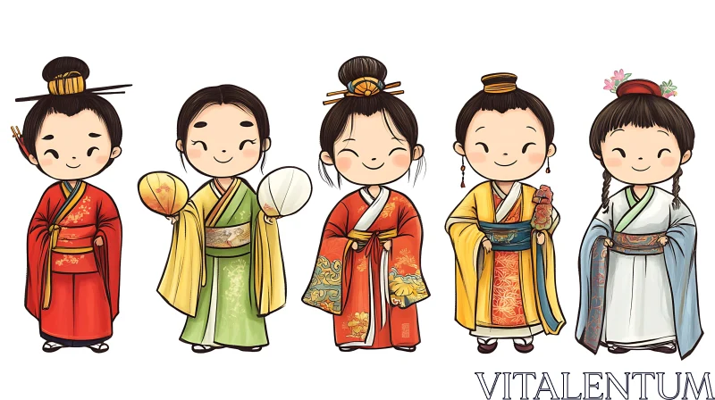 Cartoon Kids in Traditional Chinese Clothes AI Image