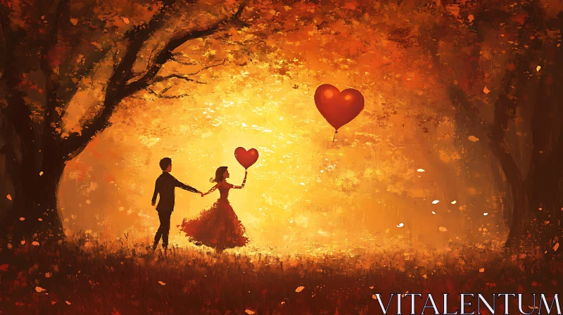 Autumn Romance: Couple with Heart Balloons AI Image