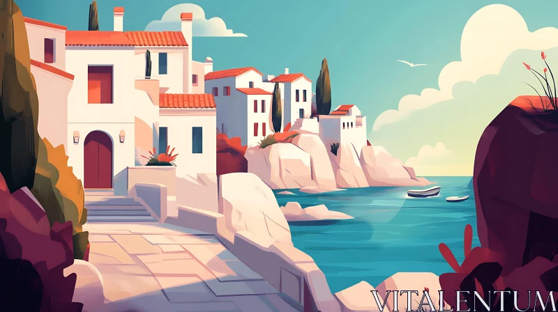 AI ART Coastal Village with White Houses and Sea